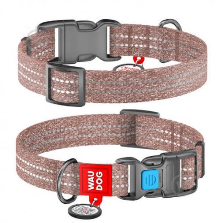 WAUDOG Re-cotton, Reflective Dog collar (M) - nyakörv, újrahasznosított pamutból (QR kódos, fényvisszaverő csíkkal, barna) kutyák részére (24-40cm/20mm)