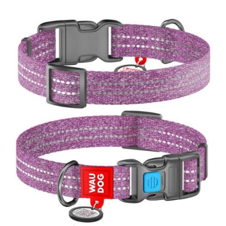 WAUDOG Re-cotton, Reflective Dog collar (M) - nyakörv, újrahasznosított pamutból (QR kódos, fényvisszaverő csíkkal, lila) kutyák részére (24-40cm/20mm)