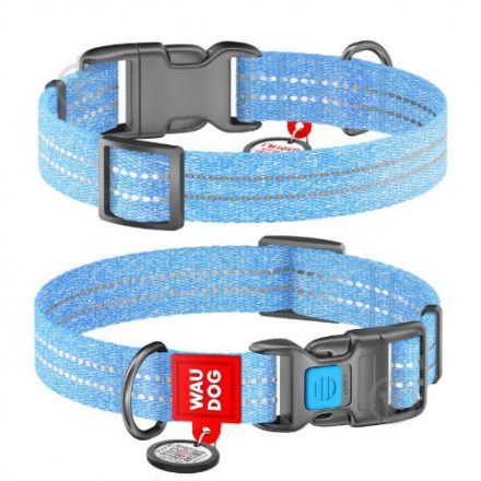 WAUDOG Re-cotton, Reflective Dog collar (XL) - nyakörv, újrahasznosított pamutból (QR kódos, fényvisszaverő csíkkal, világoskék) kutyák részére (35-58cm/25mm)