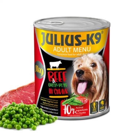 12x Julius-K9 konzerv Adult - nedveseledel (marha,borsó) felnőtt kutyák részére (800g)