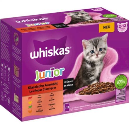 Whiskas Junior Classic Meals - Nedves eledel (marha,csirke,bárány, baromfi szószban) kölyökmacskák részére (12x85g)