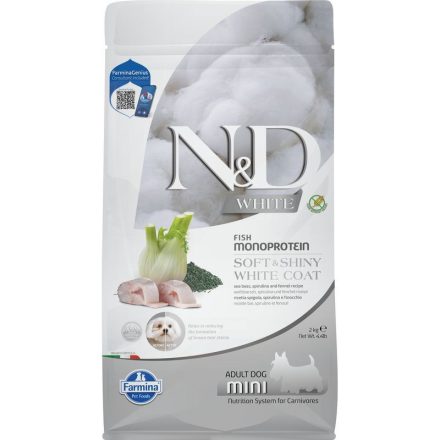 N&D Soft&Shiny White Coat Dog tengeri sügér, spirulina&édeskömény adult mini 2kg